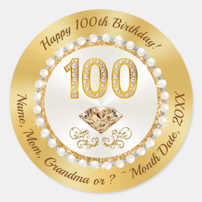 Diamonds and Pearls, Gold, 100th Birthday Stickers (Front)