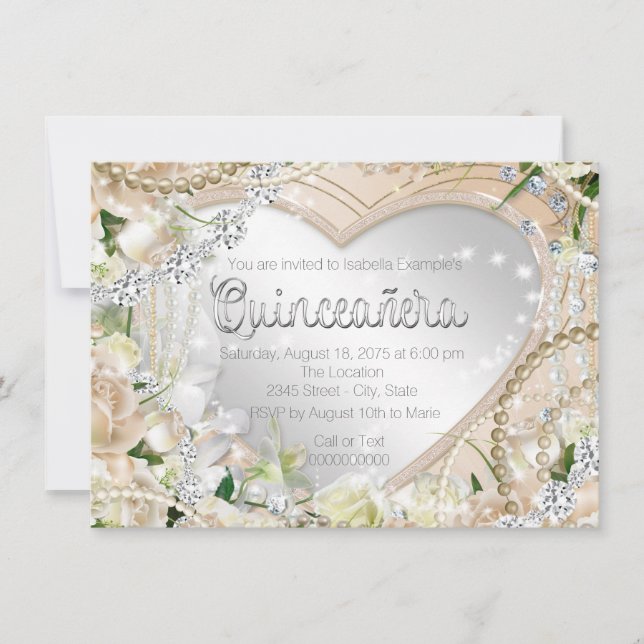 Diamonds and Pearls White Rose Quinceanera Invitation (Front)