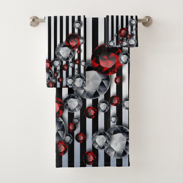 Diamonds and Rubies on Black and Silver Stripes Bath Towel Set (Insitu)