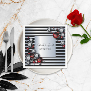 Diamonds and Rubies on Black and Silver Stripes Napkin