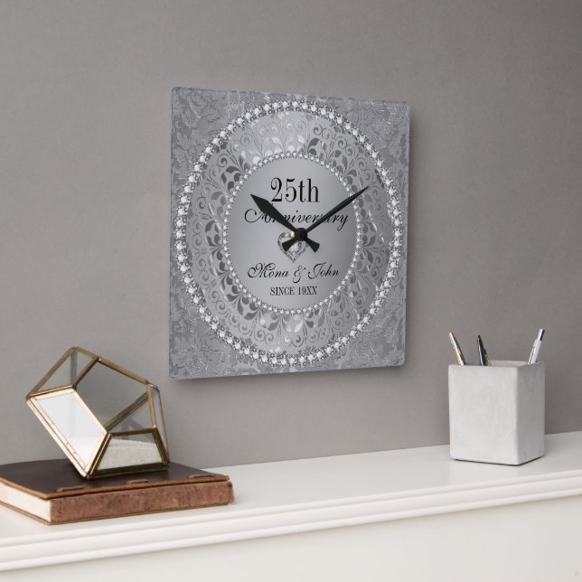 Diamonds And Silver 25th Wedding Anniversary Square Wall Clock (Office)