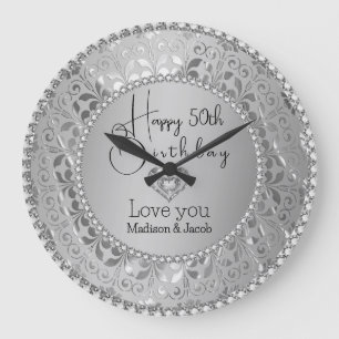 Diamonds And Silver Damask Birthday Large Clock