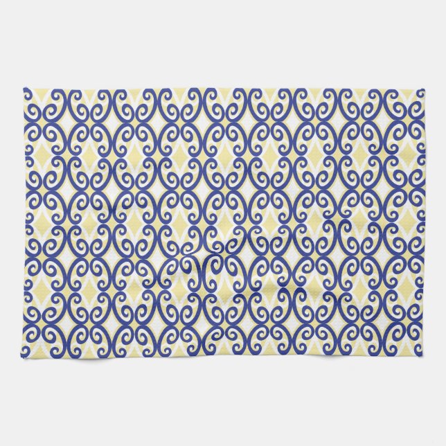 Diamonds and Swirls Towel Navy Yellow White (Horizontal)