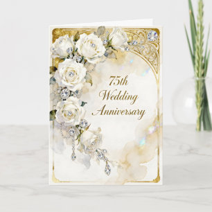Diamonds and White Roses 75th Wedding Anniversary Card