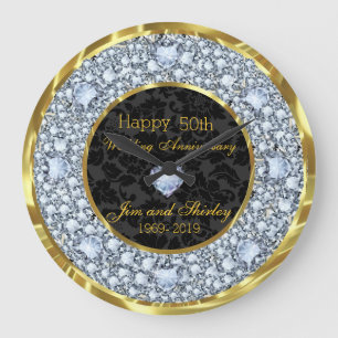 Diamonds, Black and Gold 50th Wedding Anniversary Large Clock