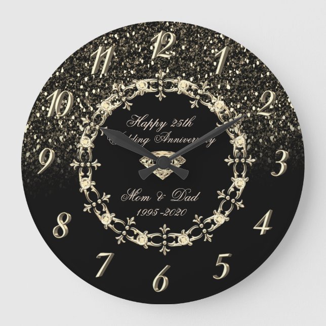 Diamonds Black Glitter 25th Wedding Anniversary Large Clock (Front)