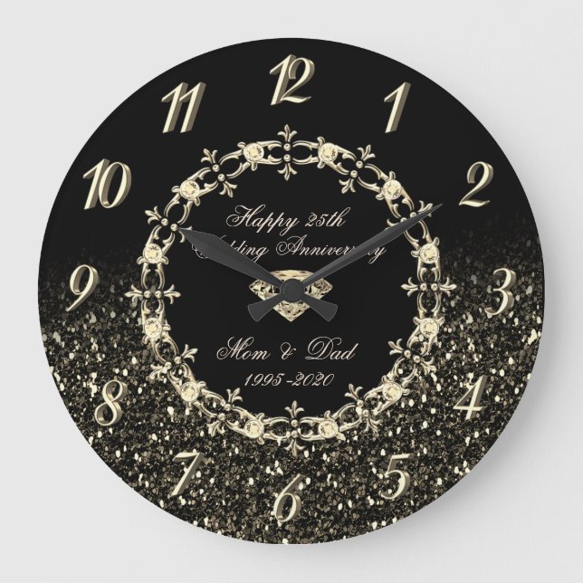 Diamonds Black Glittery 25th Wedding Anniversary Large Clock (Front)