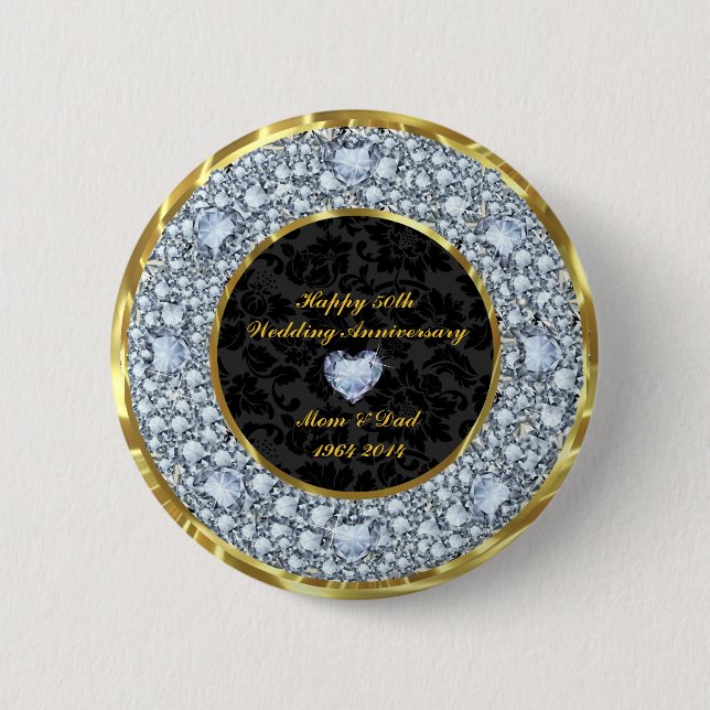 Diamonds, Black & Gold 50th Wedding Anniversary 6 Cm Round Badge (Front)