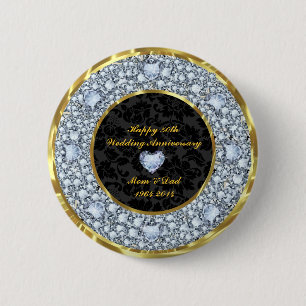 Diamonds, Black & Gold 50th Wedding Anniversary 6 Cm Round Badge
