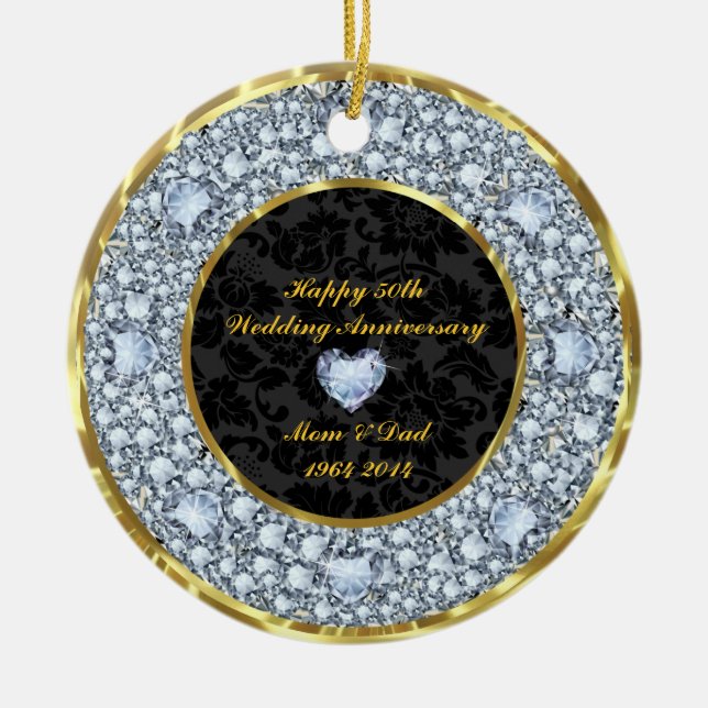 Diamonds, Black & Gold 50th Wedding Anniversary Ceramic Tree Decoration (Front)