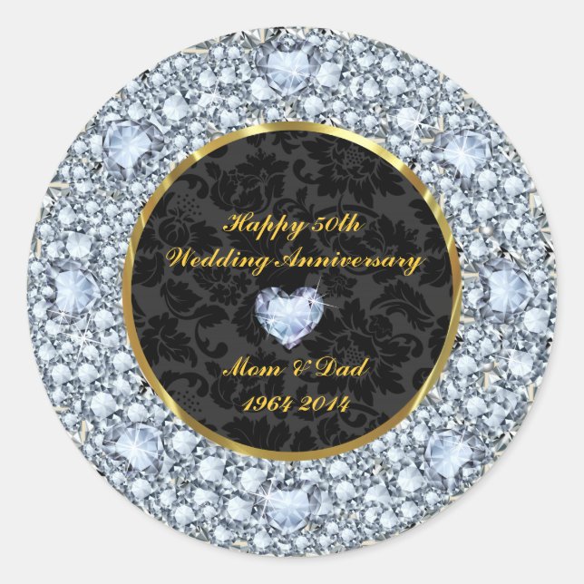 Diamonds, Black & Gold 50th Wedding Anniversary Classic Round Sticker (Front)