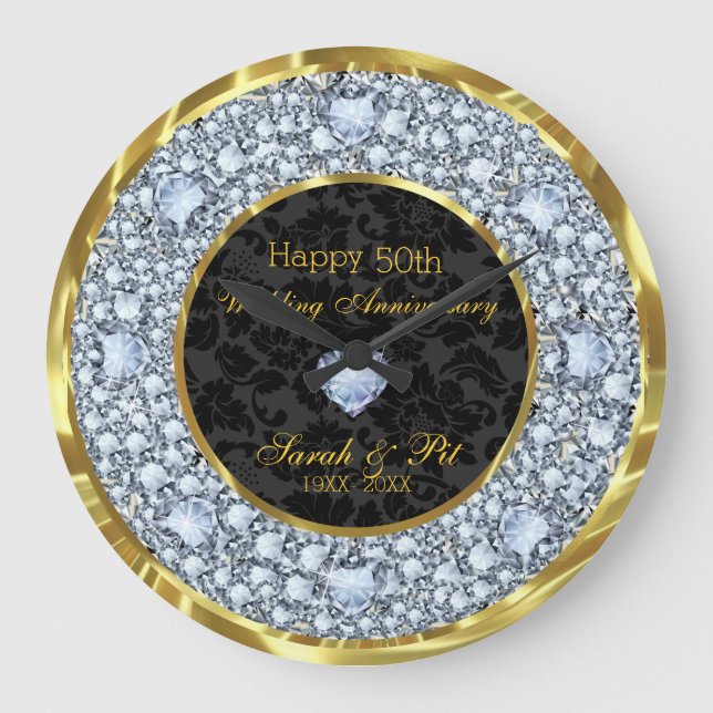 Diamonds, Black & Gold 50th Wedding Anniversary Large Clock (Front)