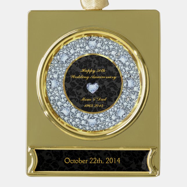 Diamonds, Black & Gold 50th Wedding Anniversary Plated Banner Ornament (Front)