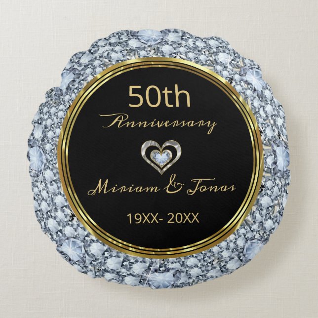 Diamonds, Black & Gold 50th Wedding Anniversary Round Cushion (Front)