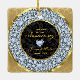 Diamonds, Black & Gold Damask 50th Anniversary Ceramic Ornament