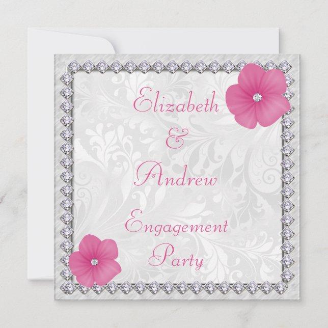 Diamonds Bling Image Floral Damask Engagement Invitation (Front)