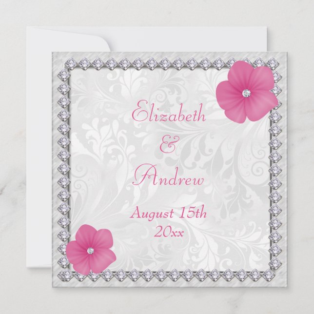 Diamonds Bling Image Floral Damask Wedding Invitation (Front)