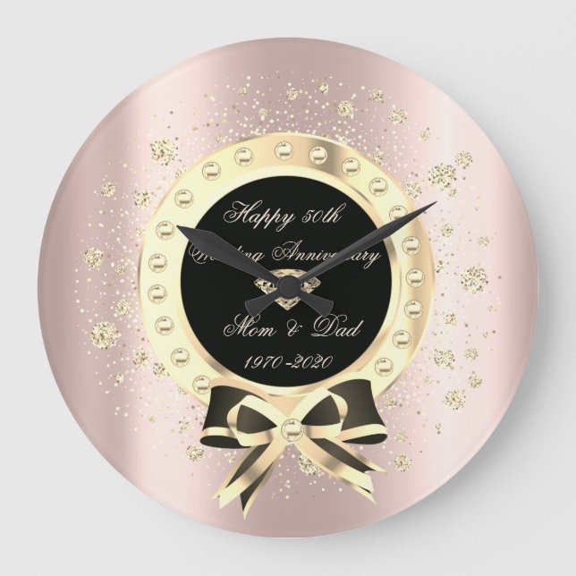 Diamonds Bow Confetti Rose Gold Anniversary Large Clock (Front)