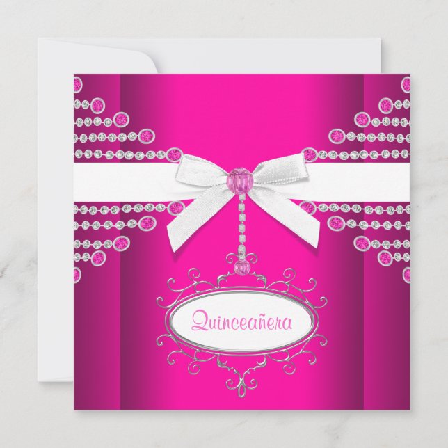 Diamonds Bow Hot Pink Quinceanera Invitation (Front)
