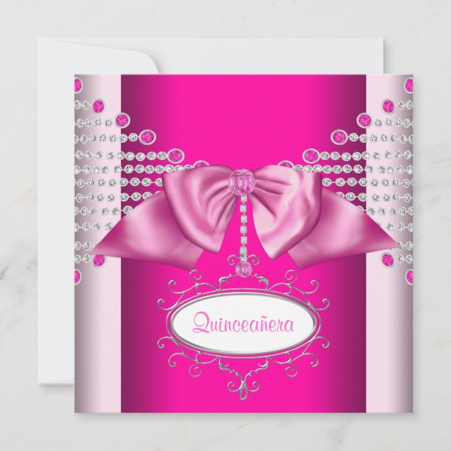 Diamonds Bow Hot Pink Quinceanera Invitation (Front)