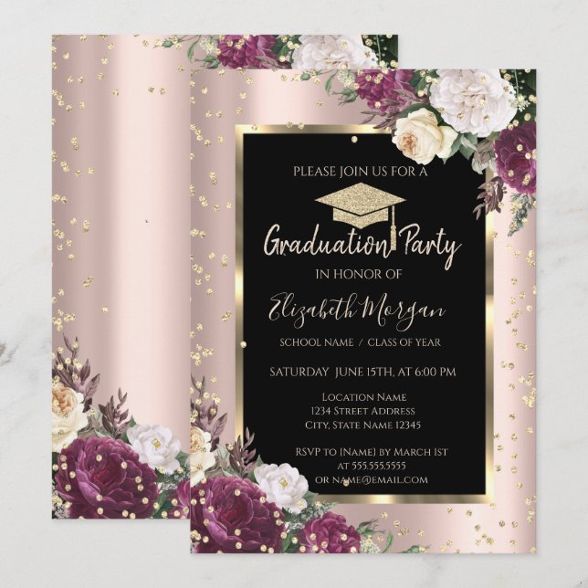 Diamonds Burgundy Flowers Rose Gold Graduation Invitation (Front/Back)