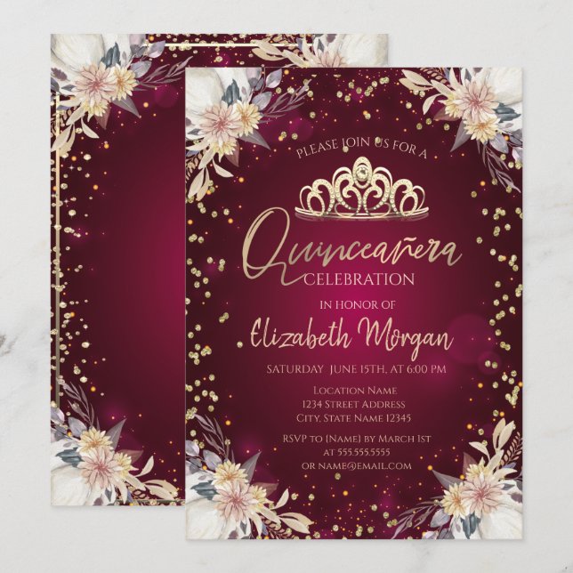 Diamonds Burgundy Pumpkin Floral Quinceañera  Invitation (Front/Back)