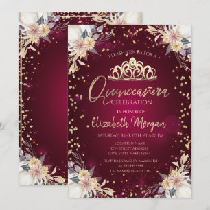 Diamonds Burgundy Pumpkin Floral Quinceañera  Invitation