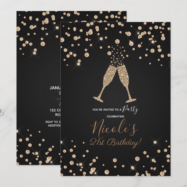 Diamonds Champagne Toast Modern Birthday Party Invitation (Front/Back)