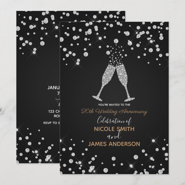 Diamonds Champagne Toast Modern Chic Anniversary Invitation (Front/Back)