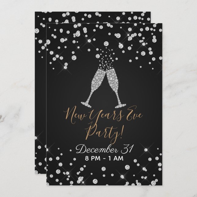 Diamonds Champagne Toast Modern New Years Eve Invitation (Front/Back)