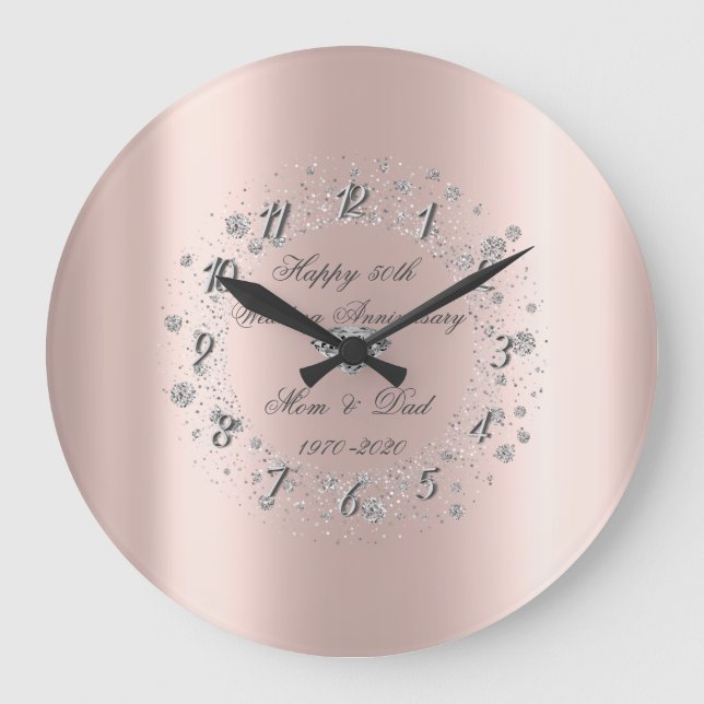 Diamonds Confetti Rose Gold  Wedding Anniversary Large Clock (Front)
