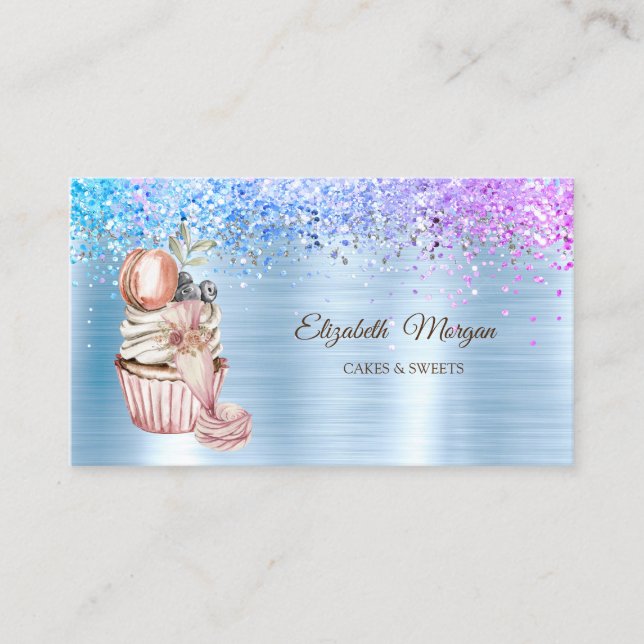 Diamonds,Cupcake,Sweets,Bakery Tool Blue Metallic Business Card (Front)
