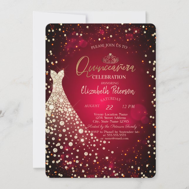 Diamonds,Dress,Red Quinceañera Invitation (Front)