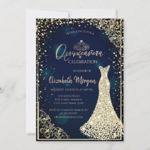 Diamonds Dress Tiara Navy Blue Quinceañera  Invitation