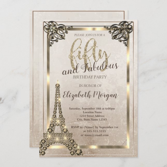 Diamonds Eiffel Tower,Border 50th Birthday Party  Invitation (Front/Back)