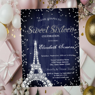 Diamonds Eiffel Tower Diamonds Navy Blue Sweet 16 Invitation