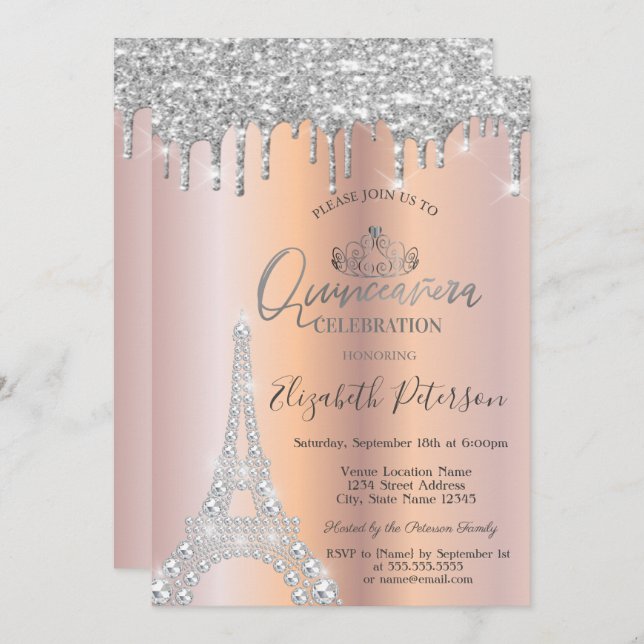 Diamonds Eiffel Tower,Drips Silver Quinceañera Invitation (Front/Back)