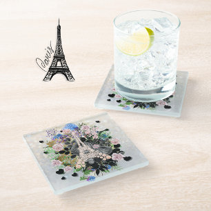 Diamonds Eiffel Tower Floral Glass Coaster