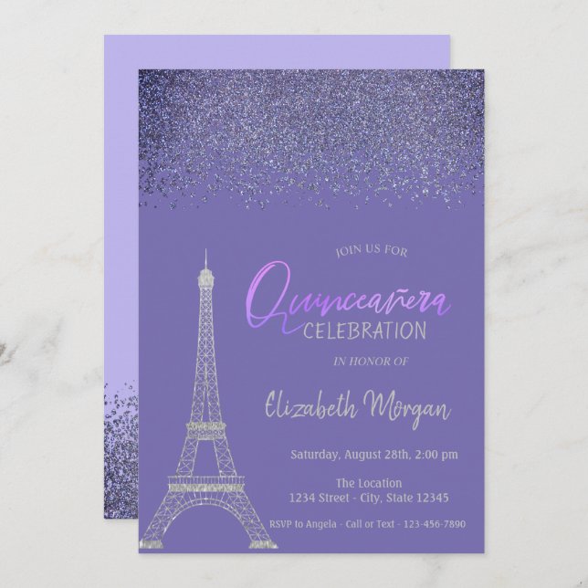  Diamonds,Eiffel Tower Light Purple Quinceañera Invitation (Front/Back)