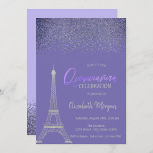  Diamonds,Eiffel Tower Light Purple Quinceañera Invitation