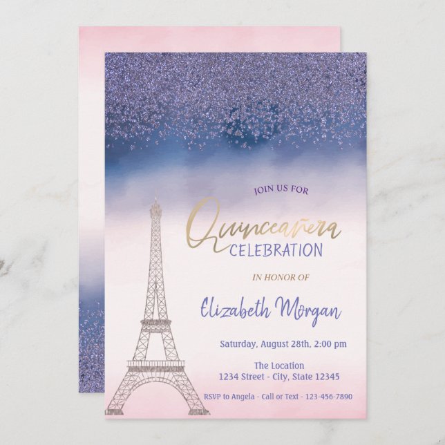 Diamonds,Eiffel Tower Ombre Quinceanera Invitation (Front/Back)