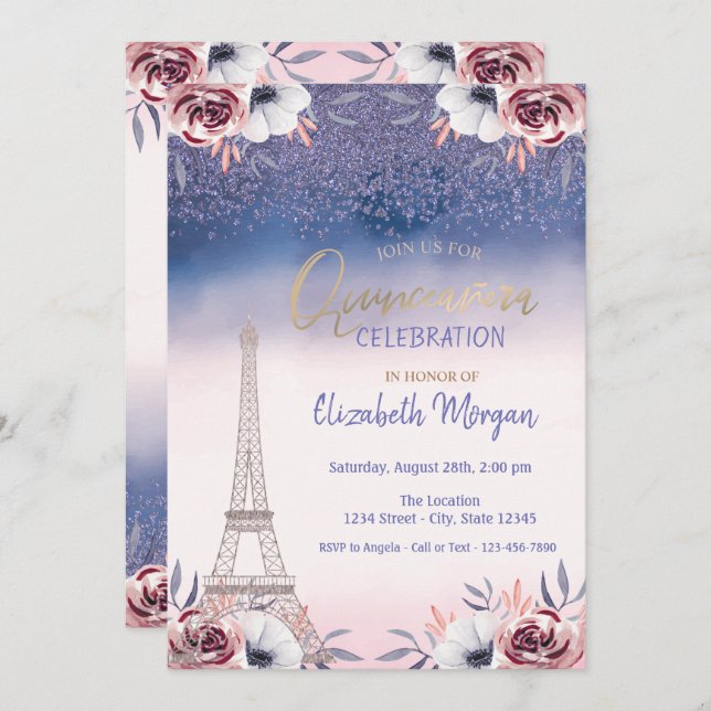 Diamonds,Eiffel Tower Ombre Roses Quinceanera  Invitation (Front/Back)