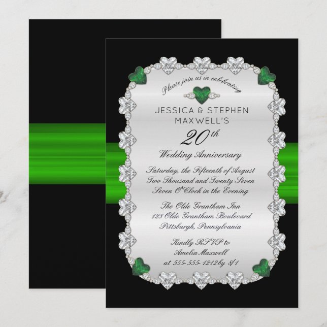 Diamonds Emeralds Green 20th Wedding Anniversary Invitation (Front/Back)