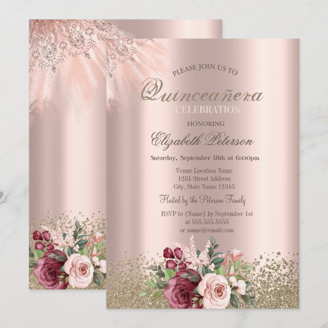 Diamonds Flowers Rose Gold Quinceañera Invitation (Front/Back)