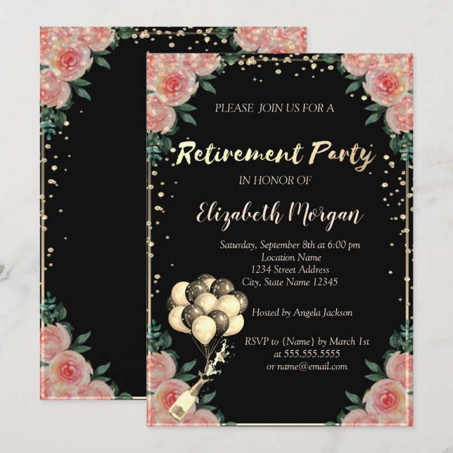 Diamonds Frame, Balloons, Floral Retirement Party Invitation (Front/Back)