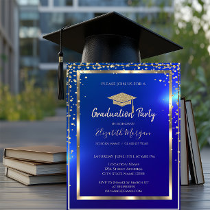 Diamonds Frame Gold Grad Cap Blue Graduation  Invitation