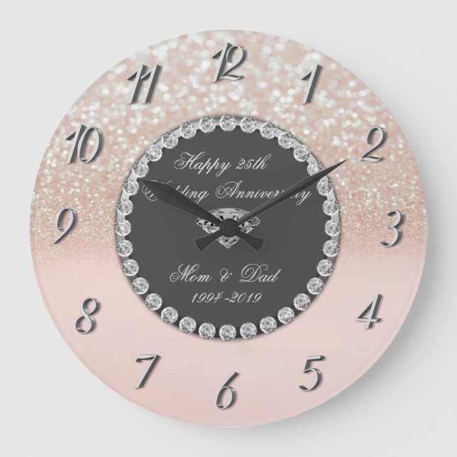 Diamonds Glitter Bokeh 25th Wedding Anniversary Large Clock (Front)