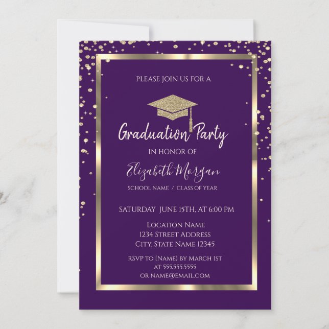 Diamonds Glitter Gold Grad Cap Purple Graduation Invitation (Front)