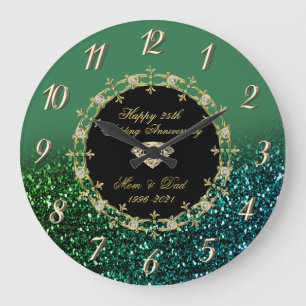 Diamonds Glitter Green 25th Wedding Anniversary Large Clock