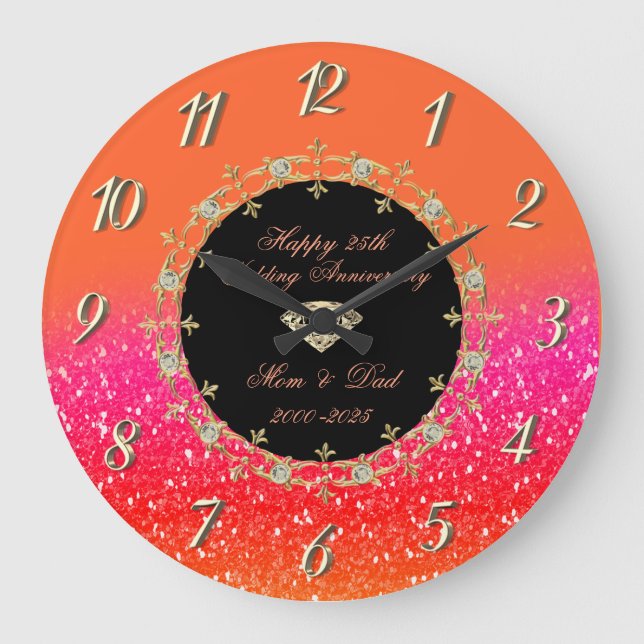  Diamonds Glitter Orange 25th Wedding Anniversary Large Clock (Front)